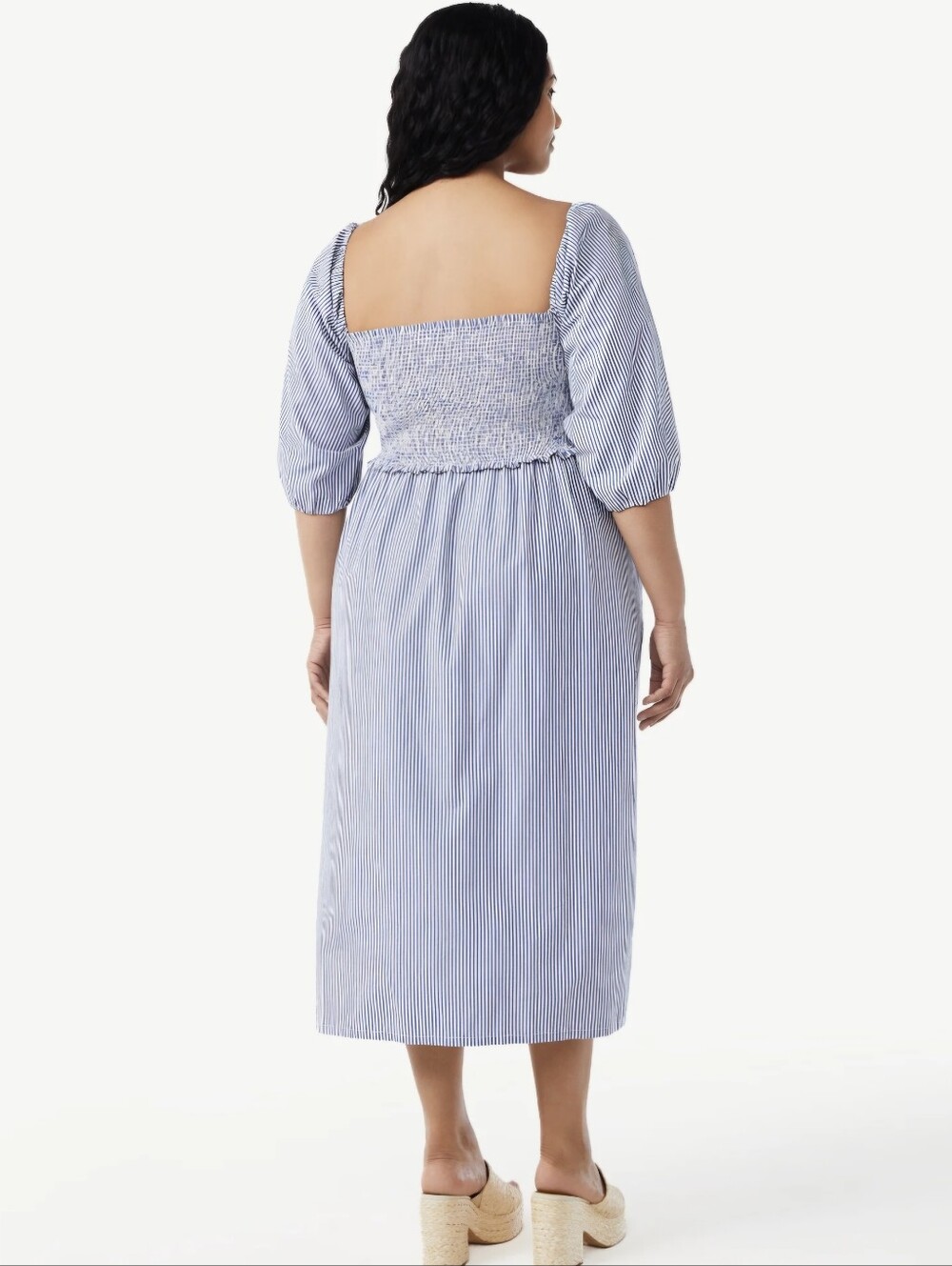 Free Assembly Women's Smocked Midi Dress Blue & White Sz S Convertible Sleeves - Picture 3 of 8